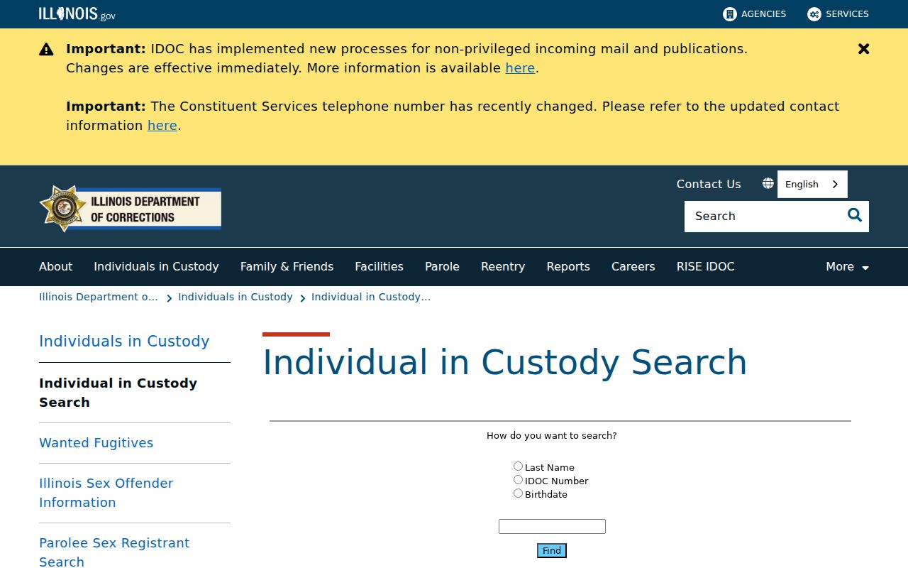 Illinois Department of Corrections official inmate search route