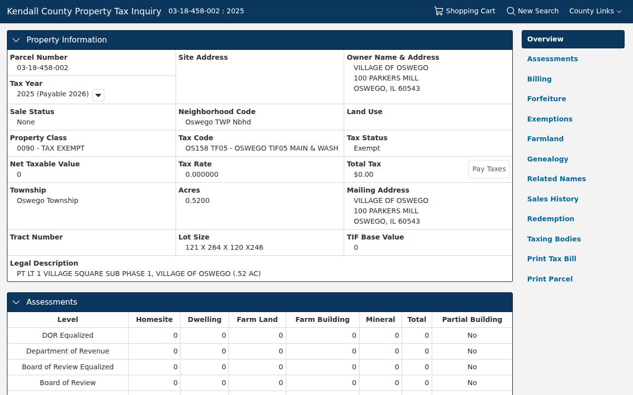 Oswego street directory Kendall County sample tax parcel