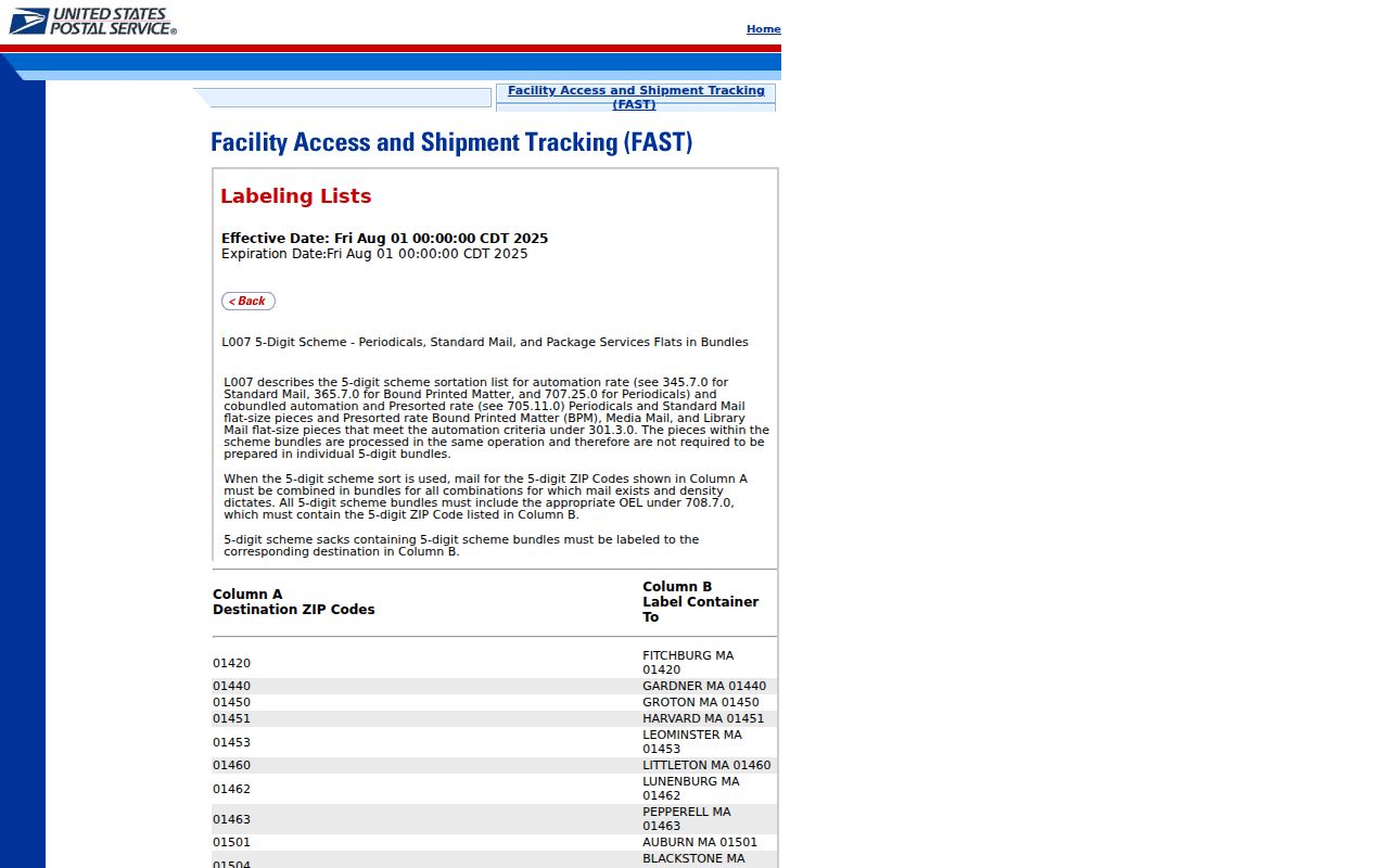 USPS L007 mailing label material grouping Oswego area ZIP codes