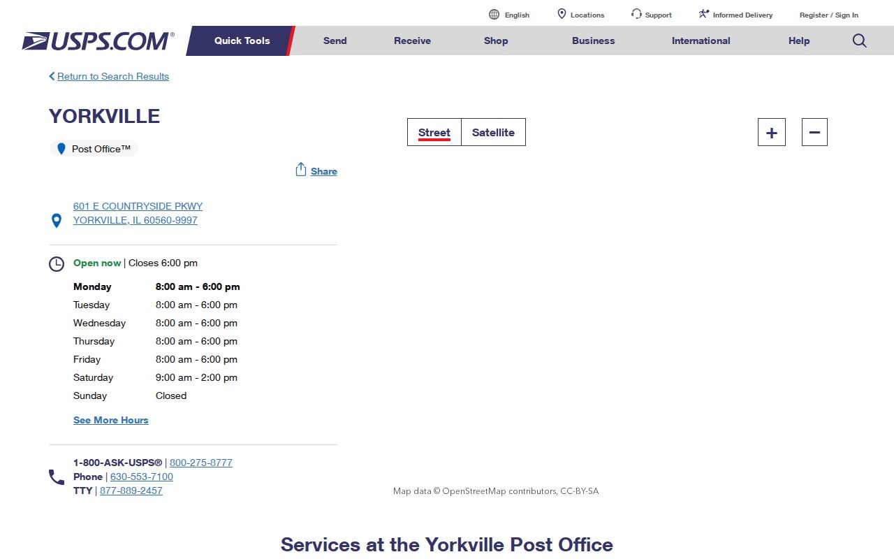 Yorkville Post Office listing relevant to the Oswego 60560 ZIP edge case